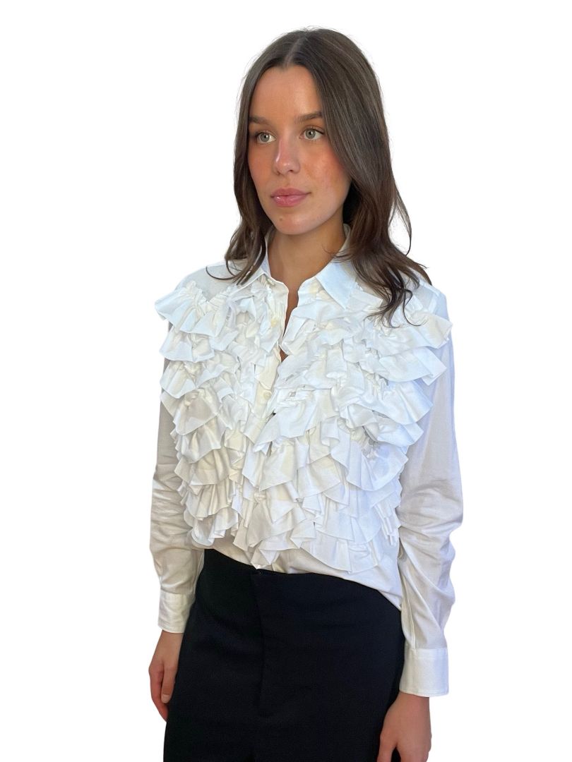 Comme Des Garcons White Exaggerated Ruffle Shirt. Size: S