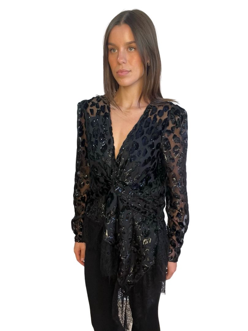 Self Portrait Black Sequin Pattern Top w/ Lace Hem. Size: 12