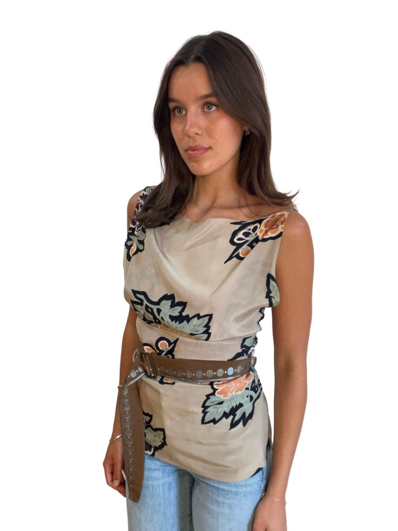 Dries Van Noten Beige Flower Pattern Top w Belt. Size: 40