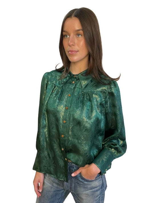 O.P On Parks Green / Gold Metallic Thread Shirt w/ Floral Print. Size: 12