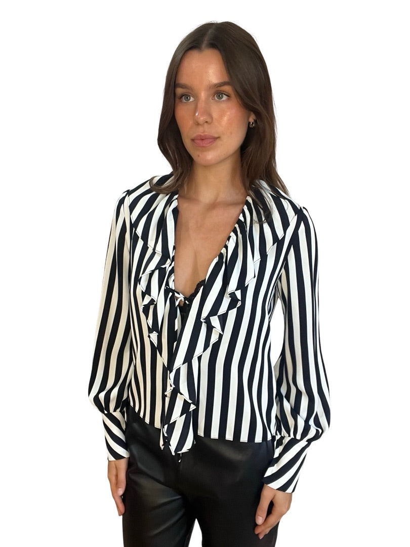 Carla Zampatti Black / White Striped Frilled Blouse. Size: 6