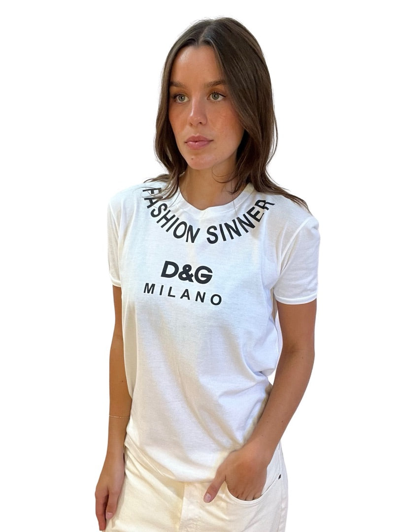 Dolce & Gabbana White 'Fashion Sinner' Printed T Shirt. Size: 40