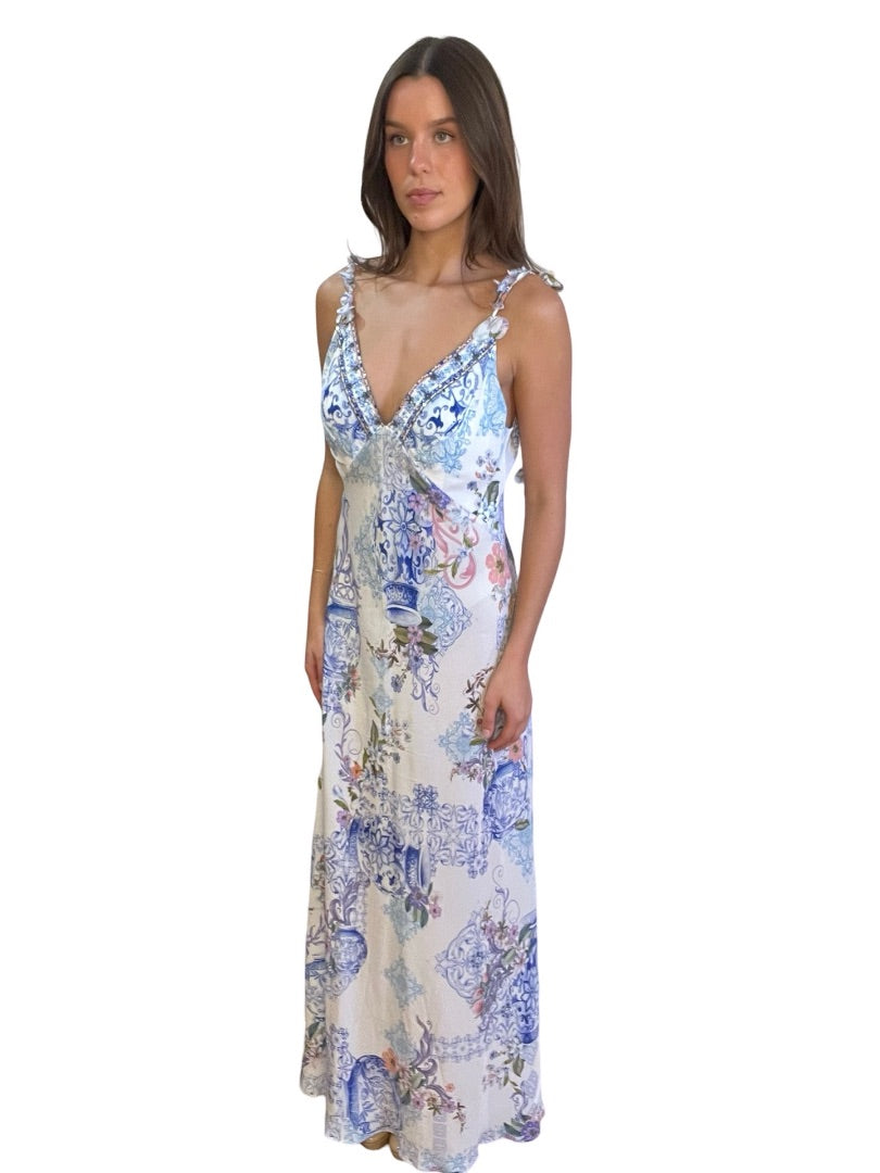 Camilla Multi-Colour V Neck Full Length Bias Slip Dress. Size: M