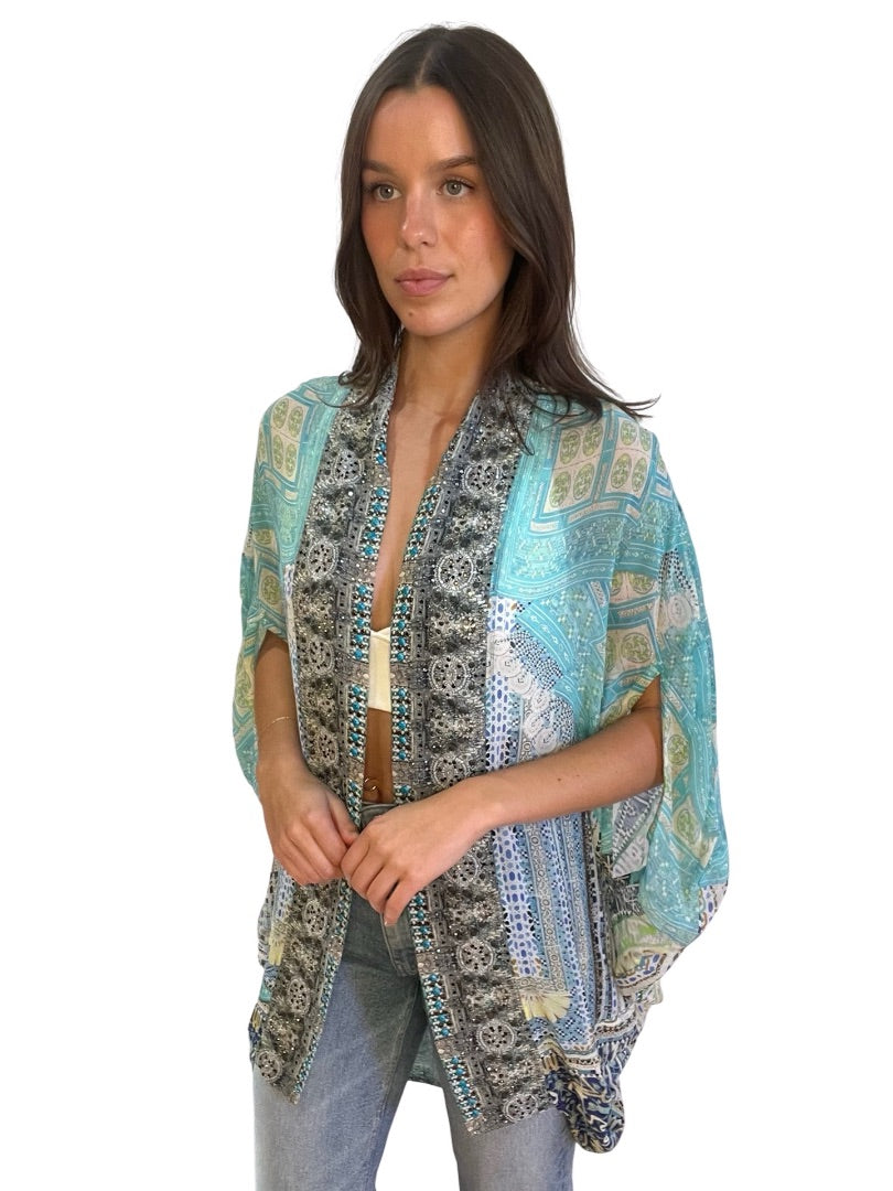Camilla Light Blue Lover Retreat Open Front Cardi Cape. Size: O/S