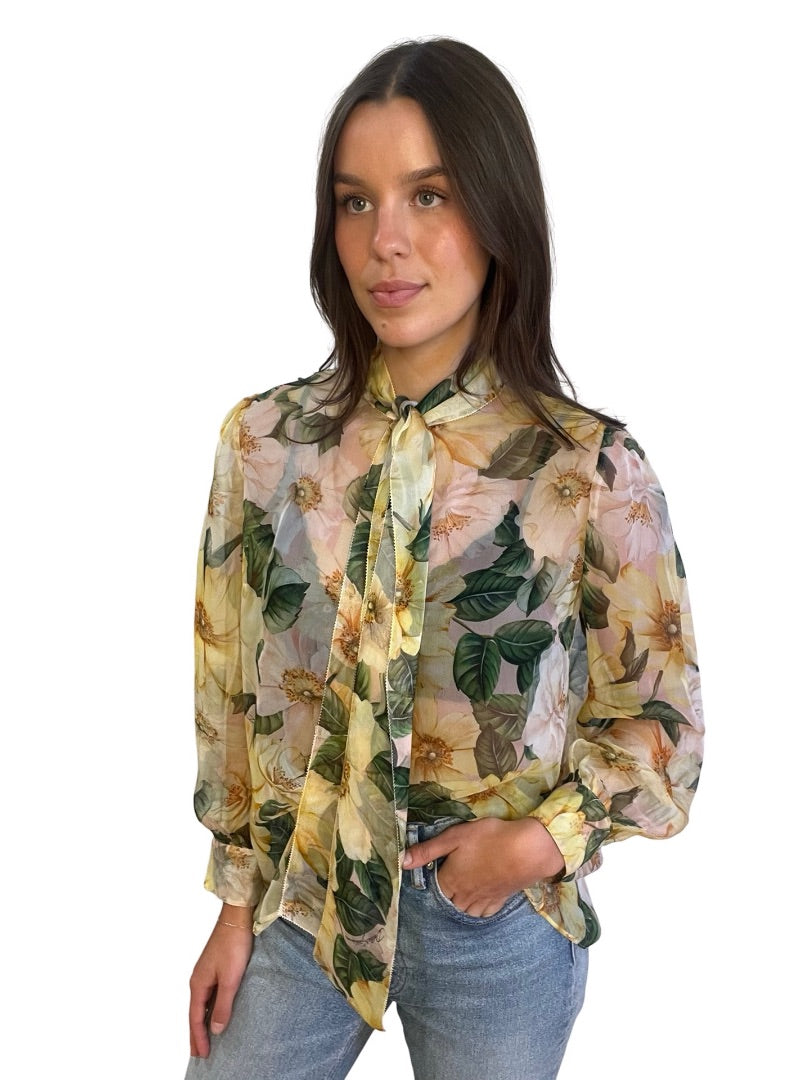 Dolce & Gabbana Yellow Floral Print Blouse w/ Neck Tie. Size: M-L