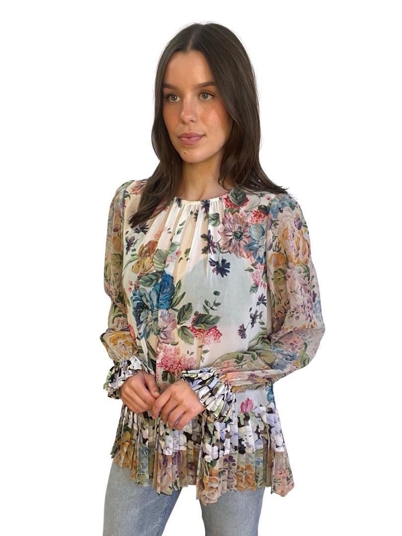 Zimmermann Multi-Colour Floral Blouse w/ Pleated Hem. Size: 2-3