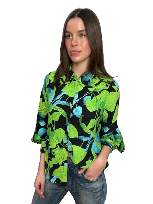 Husk Green / Blue Leaf Print Button Up. Size: 10