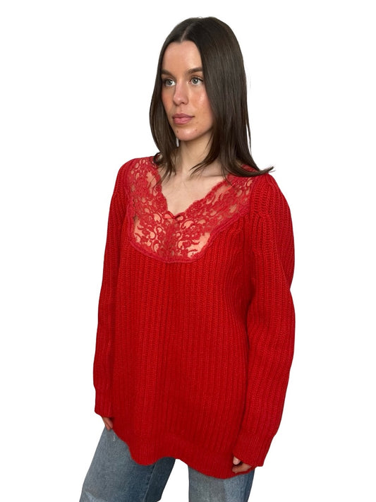 Balenciaga Red Oversized Lace Knit Sweater. Size: 36
