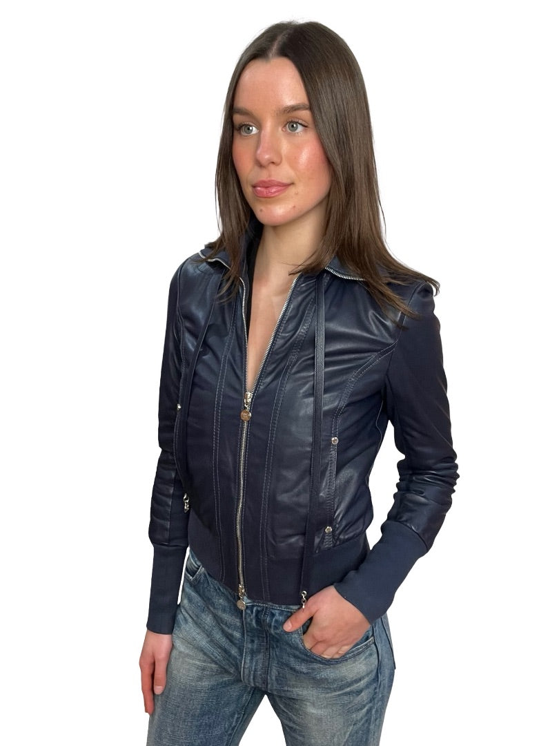 Patrizia Pepe Navy Blue Leather Bomber Jacket w/ Neck Tie. Size: 42