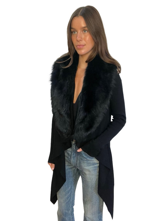 Husk Black Merino Cardigan w/ Detachable Shearling Collar. Size: S