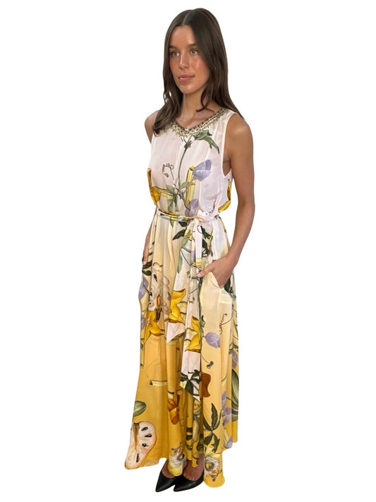 Camilla Pink/Yellow Silk Floral Jumpsuit W Tie. Size: S