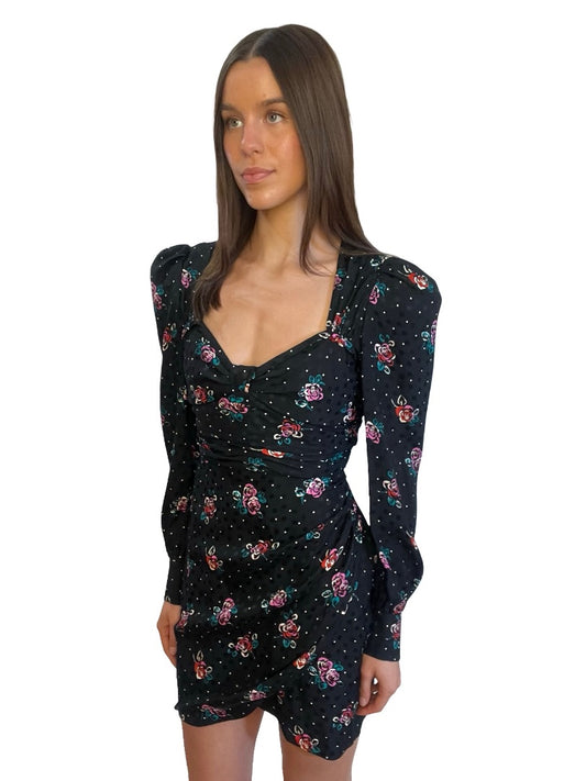 Alessandra Rich Black/Multi Long Sleeve Mini Dress with Rouched Bodice. Size: 42