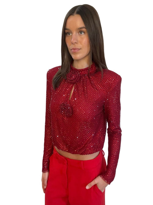 Self Portrait Red Rhinestone Fishnet Top. Size: 10