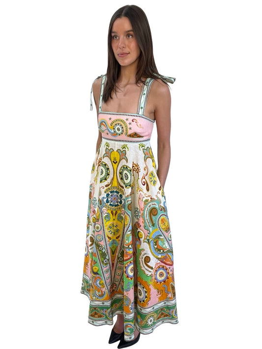 Alemais White/Multi Long Print Cotton Linen Maxi Dress w Bow Straps. Size: 6