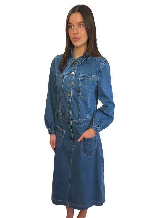 Flannel Blue Denim Dress Long-Sleeve with Pocket Detail. Size: M
