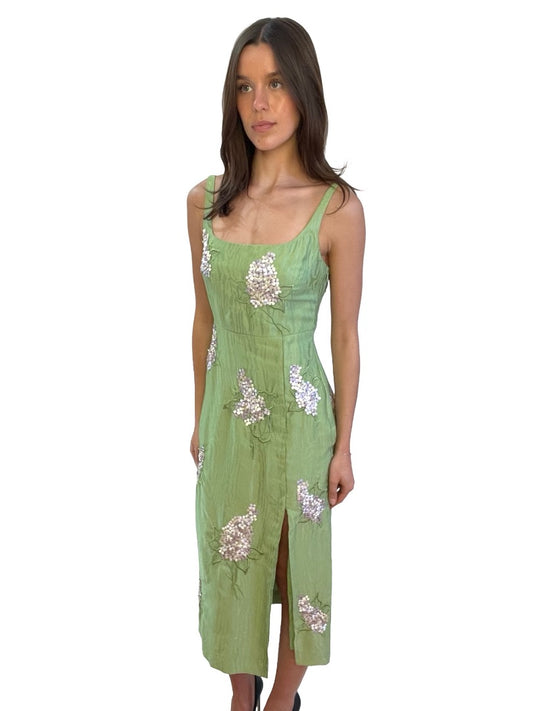 & Other Stories Green / Purple Sleeveless Embroidered Midi Dress w/ Flower Bunches. Size: 36