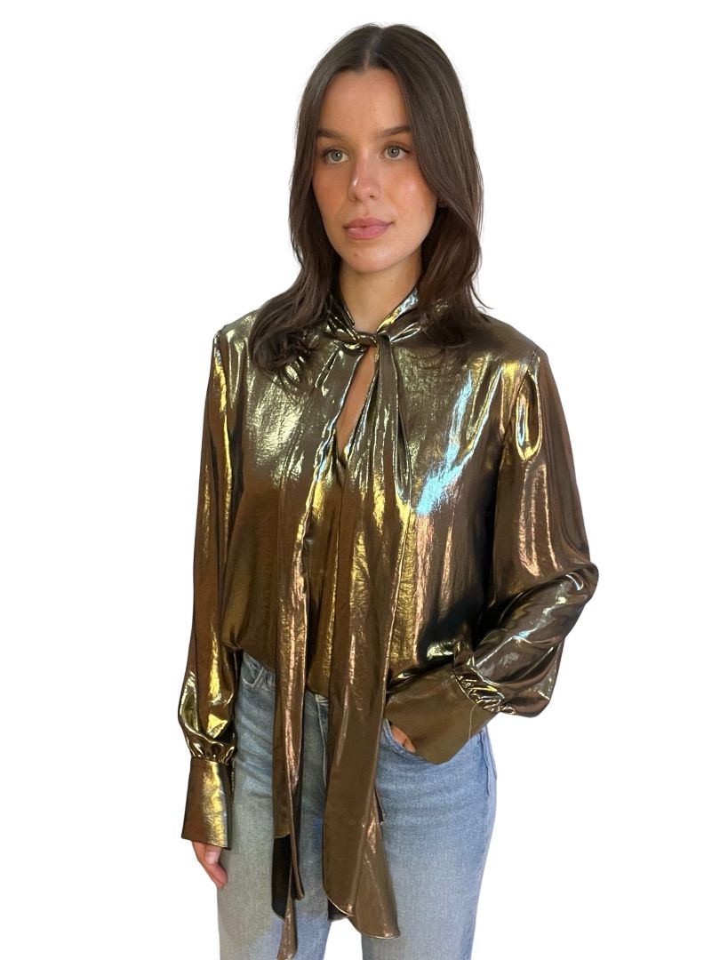 Carla Zampatti Gold Metallic Scarf Top. Size: 12