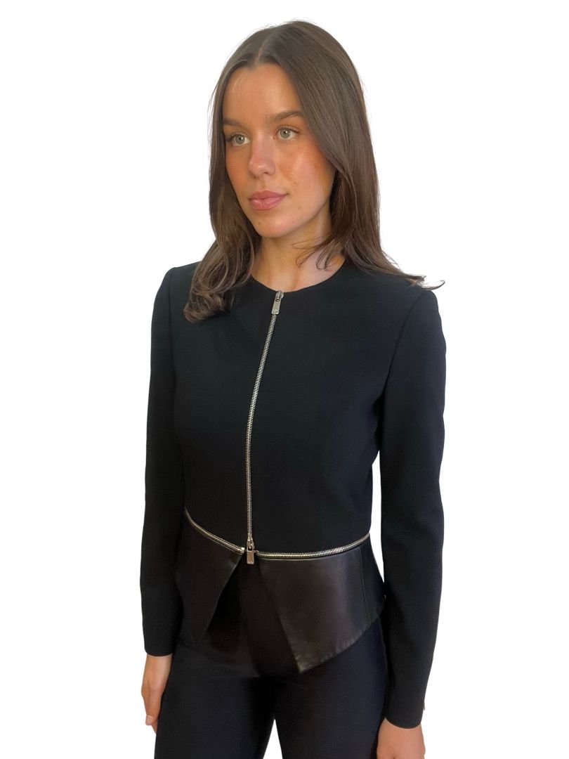 Michael Kors Black Wool/Leather Zipper Jacket. Size: 4