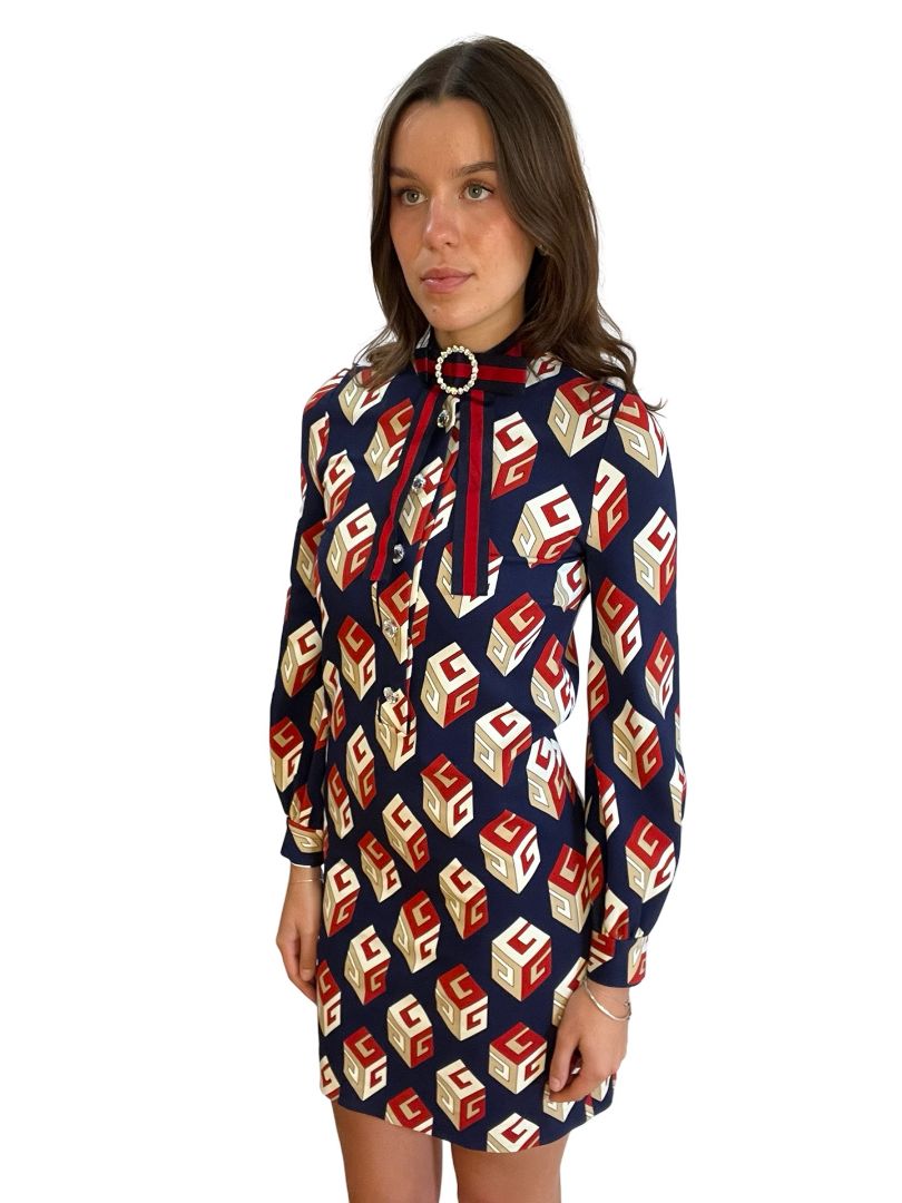 Gucci Navy / Multi-Colour Pattern Dress w/ Embellished Buttons. Size: M