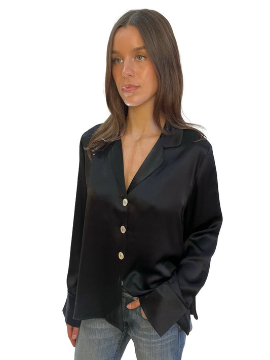 Banded Together Black Silk Satin Shirt w/ Mother of Pearl Tone Buttons. Size: 12