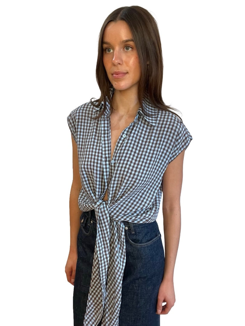 Scanlan Theodore Blue / Brown Gingham Sleeveless Tie Top. Size: 6