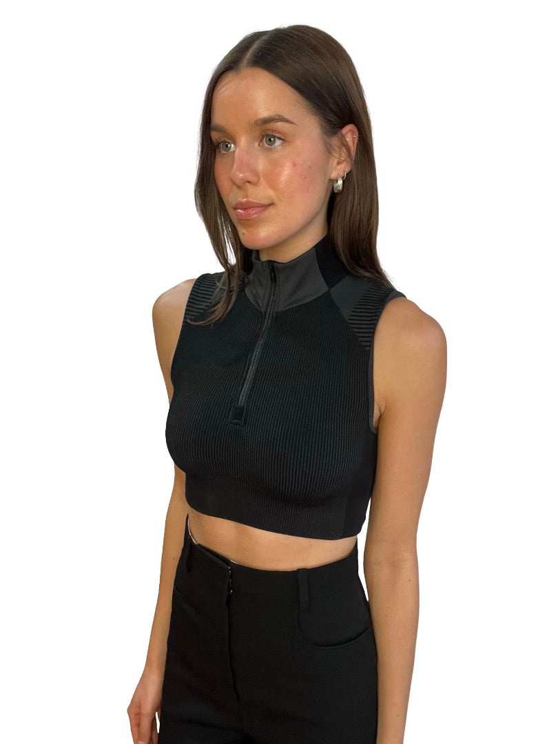 Y-3 Black / Grey Sleeveless Turtleneck Sports Crop Top. Size: XS