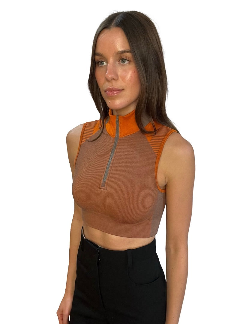 Y-3 Orange / Brown Sleeveless Turtleneck Sports Crop Top. Size: S