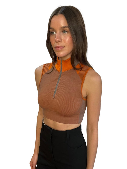 Y-3 Orange / Brown Sleeveless Turtleneck Sports Crop Top. Size: S