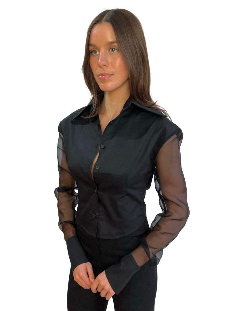 aaizél Black Silk Organza Sleeve Shirt. Size: 8
