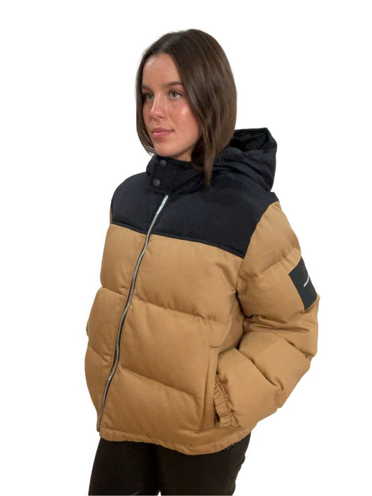 Alexander Wang Tan and Black Hooded Puffer Jacket. Size: S