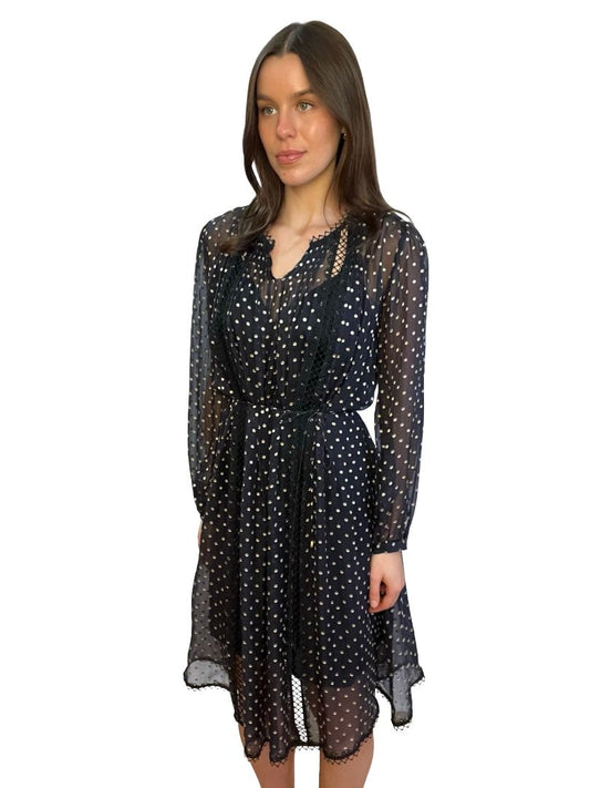 Zimmermann Navy/Beige Polka Dot Semi Sheer Silk Dress W Tie. Size: 3