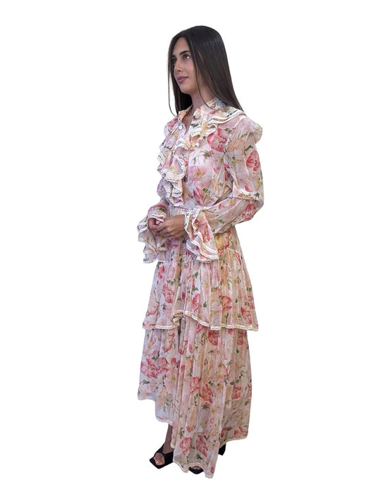 Zimmermann Pink Lace Trim Floral Tiered Dress. Size: 4