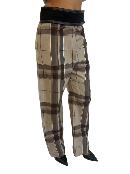 Celine Beige Plaid Trousers W Leather Velcro Waistband. Size: 34