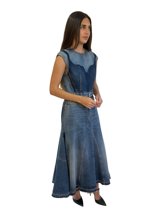 Alexander McQueen Blue Denim Corset Patchwork Contrast Dress. Size: 42