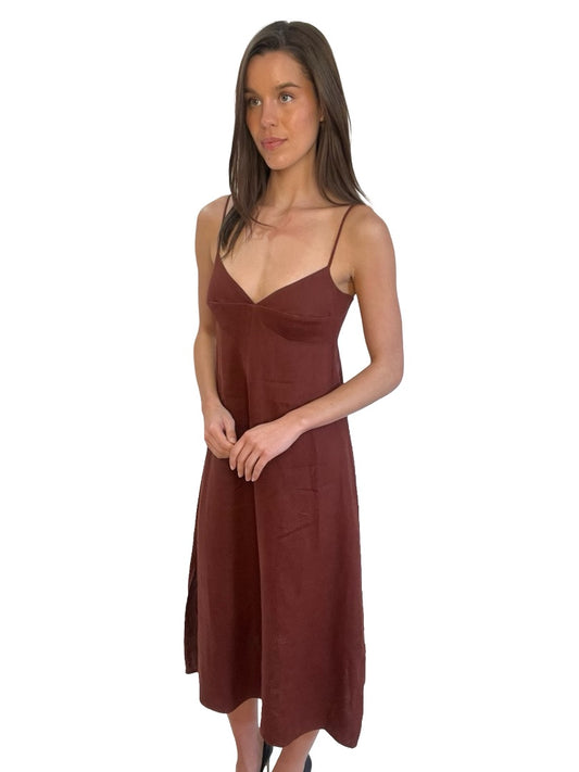 Scanlan Theodore Burgundy Heart Neckline Linen Maxi Dress. Size: 6