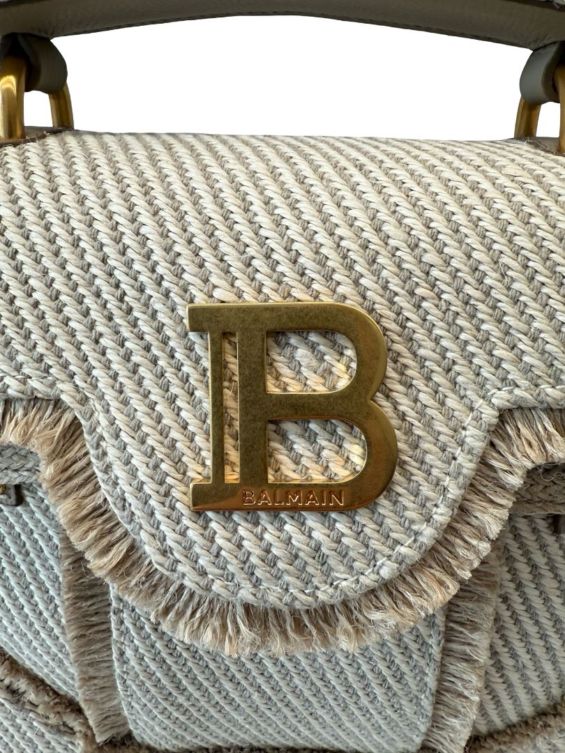 Balmain Beige / Cream B-Buzz 22 Raffia Effect Top Handle Bag.