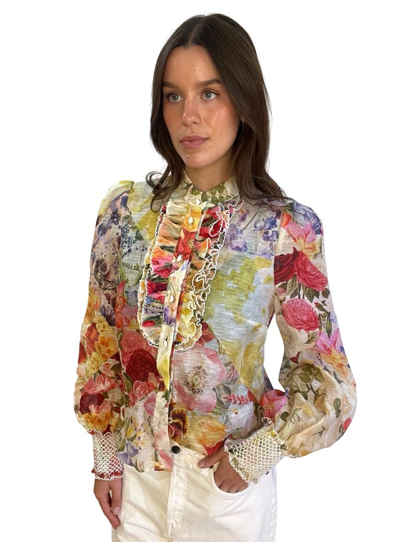 Zimmermann Spiced Multi Foral 'Wonderland Tuxedo Blouse'. Size: 1