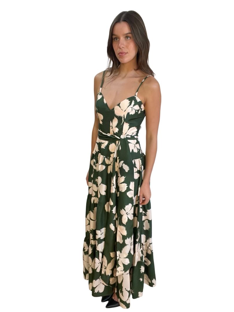 Husk Green & Cream Thin Strap Maxi Dress w Flower Print. Size: 10