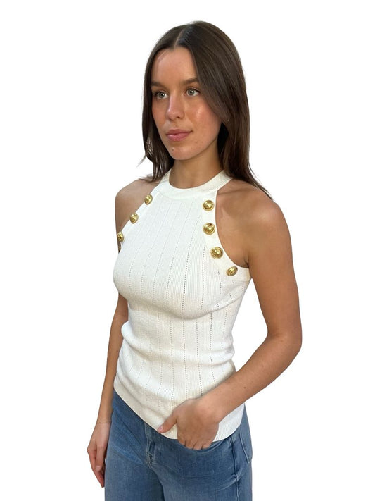 Balmain White Halter Neck Top w/ Gold buttons. Size: 38