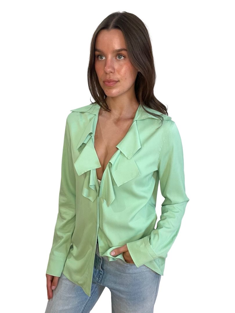Bottega Veneta Green Ruffle Long Sleeve Blouse. Size: 44