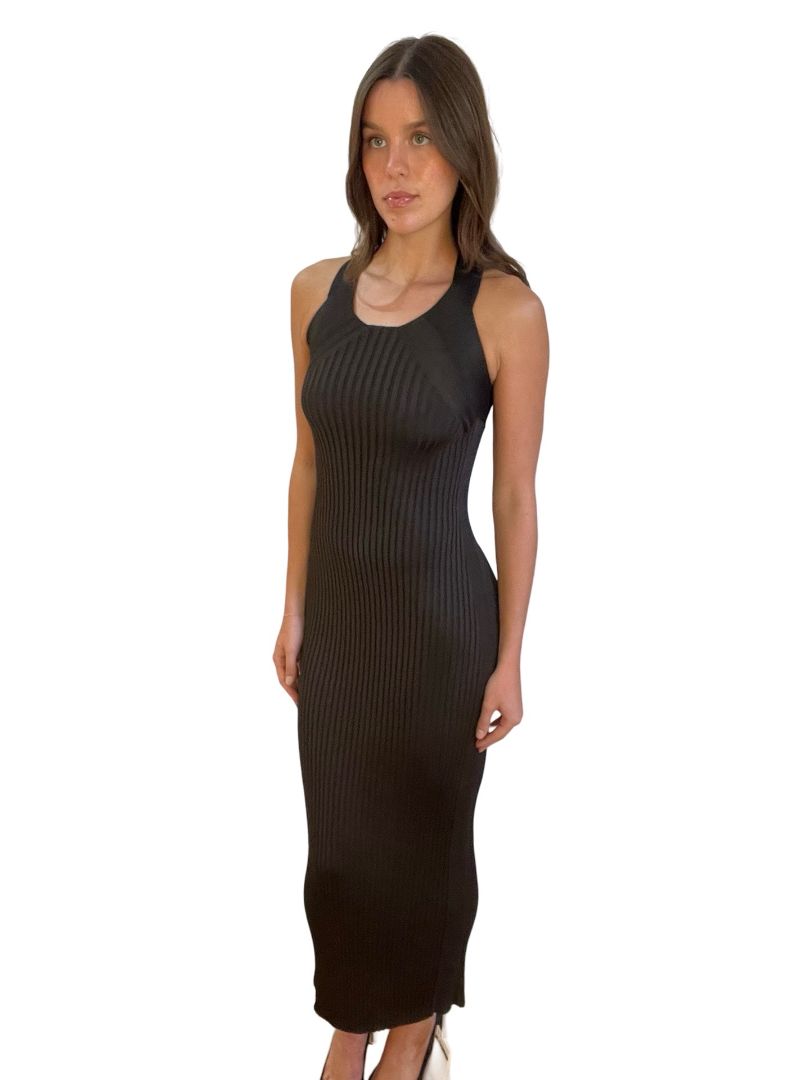 Jil Sander Brown Ribbed Halter Maxi Dress. Size: 34