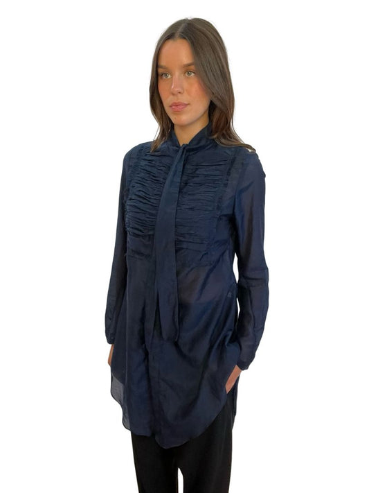 ESS Laboratory Navy Sheer Silk/Cotton Long Shirt. Size: 2
