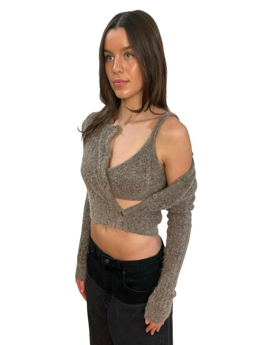 Nagnata Fawn Grey Knit Cardigan & Bralet Set. Size: S-M
