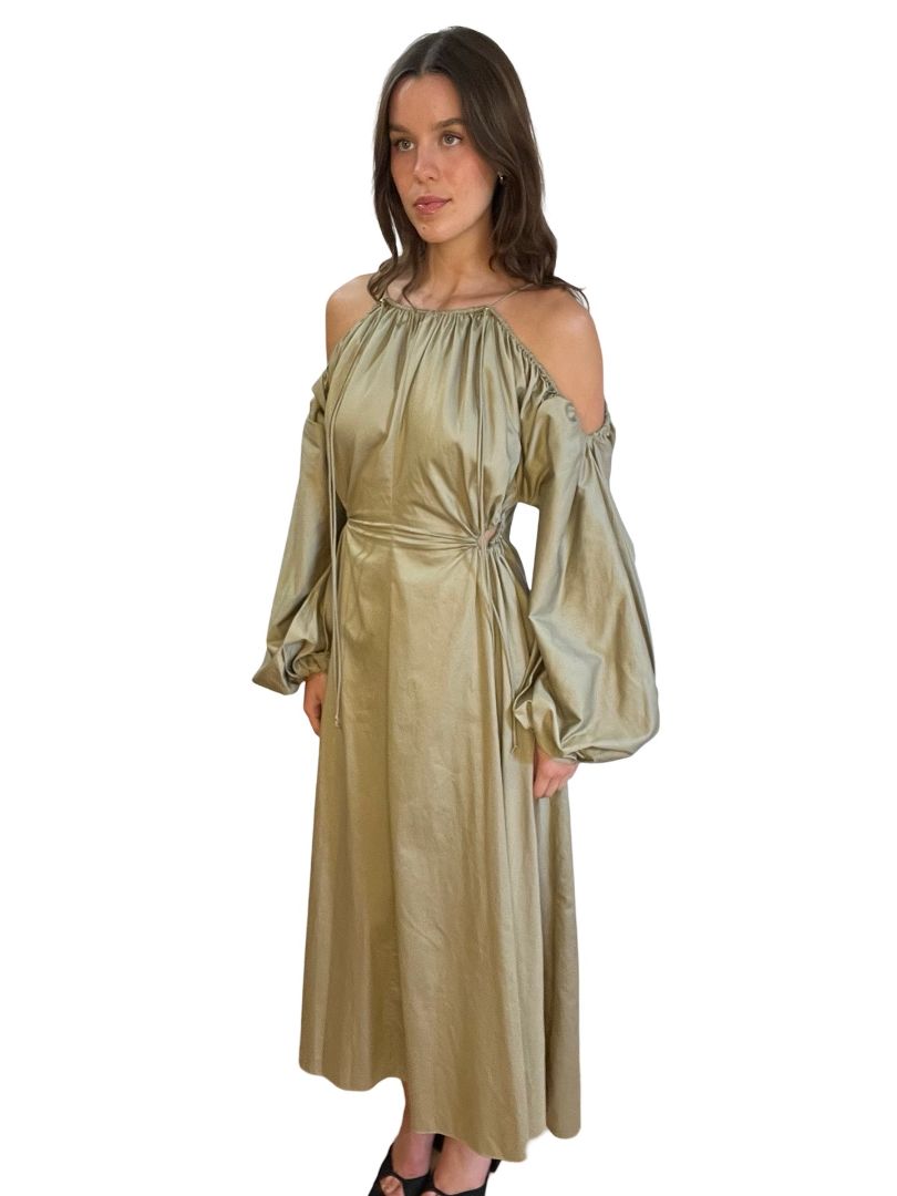 Camilla & Marc Khaki Puff Sleeve Off Shoulders Maxi Dress. Size: 8