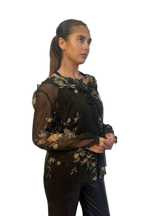Zimmermann Black Floral Print Sheer Silk Blouse. Size: 1