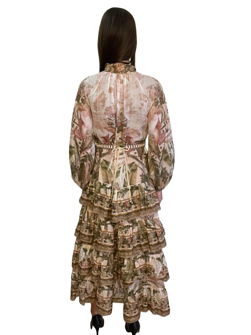 Zimmermann Pink / Multi-Colour Lyre Palm Print Tiered Maxi Dress. Size: 1
