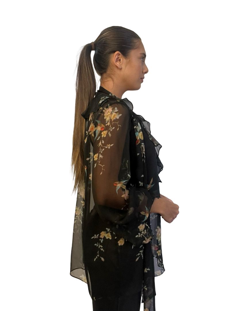 Zimmermann Black Floral Print Sheer Silk Blouse. Size: 1