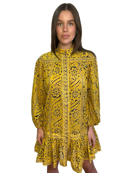 Zimmermann Yellow / Black Lulu Drop Waist Mini Dress. Size: 0