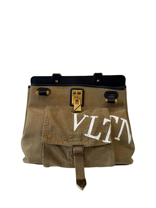 Valentino Garavani Black / Khaki Calfskin & Canvas Handbag.