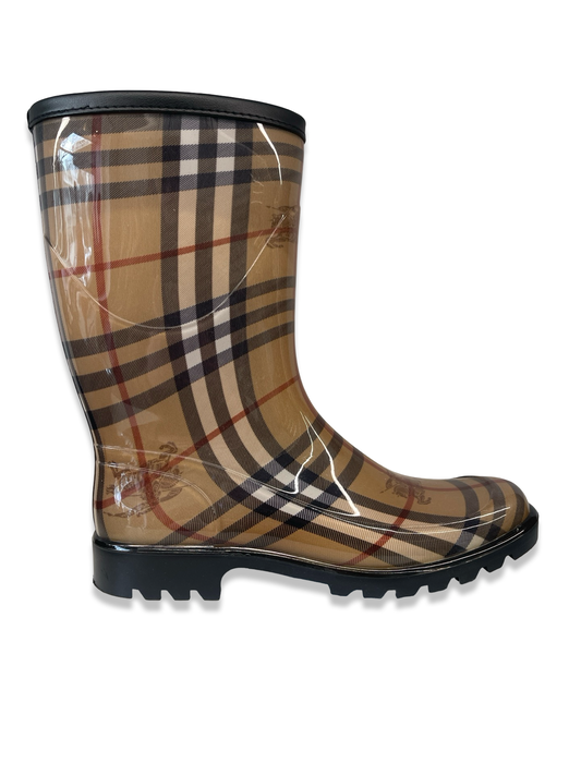 Burberry Tan Check 'Haymarket' Rain Boot. Size: 38